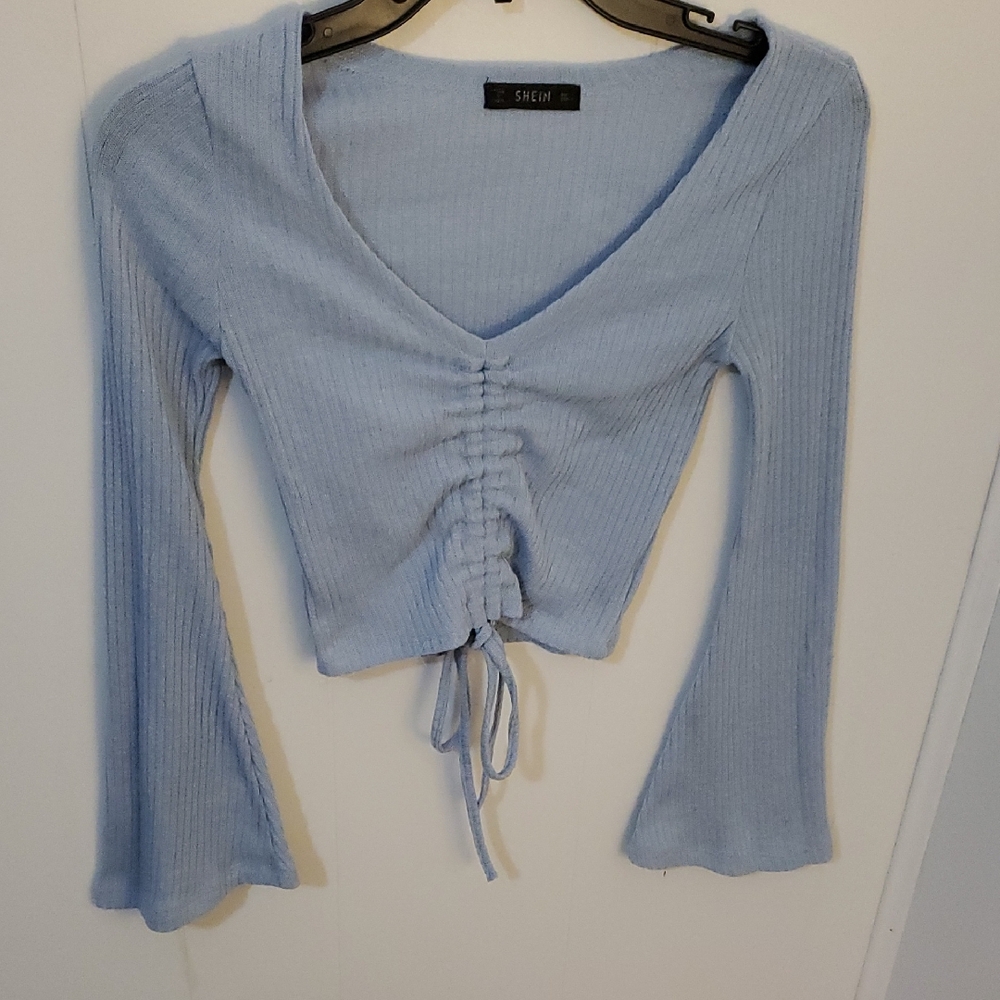 Sky Blue Ruched V-Neck Crop Top
